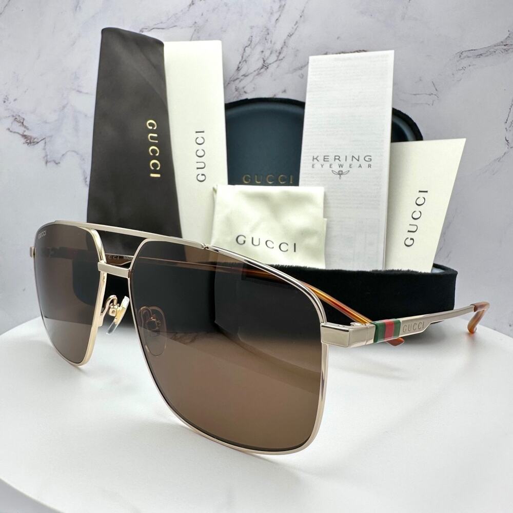 New GUCCI Sunglasses Gold Metal Square Aviator Pilot Red Green Web Logo Mens